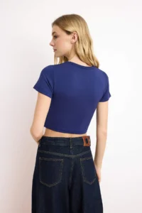 TRENDYOLMİLLA Navy Blue-Gray Melange 2 Sets Package Crop Viscous/Soft Material Flexible Knitting Blouse - Image 4