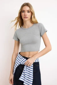 TRENDYOLMİLLA Navy Blue-Gray Melange 2 Sets Package Crop Viscous/Soft Material Flexible Knitting Blouse - Image 5