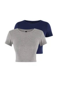 TRENDYOLMİLLA Navy Blue-Gray Melange 2 Sets Package Crop Viscous/Soft Material Flexible Knitting Blouse - Image 8