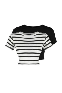 TRENDYOLMİLLA Black-Ecru Black Striped 2 Sets Pack Viscous/Soft Material Crop Flexible Knitting Blouse - Image 6