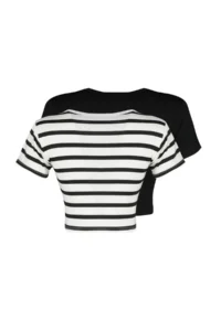 TRENDYOLMİLLA Black-Ecru Black Striped 2 Sets Pack Viscous/Soft Material Crop Flexible Knitting Blouse - Image 8