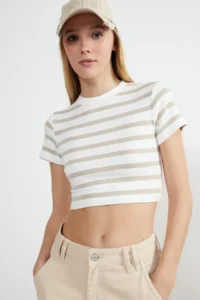 TRENDYOLMİLLA Stone Ecru Striped Viscous/Soft Material Crop Crew Neck Flexible Knitting Blouse - Image 2