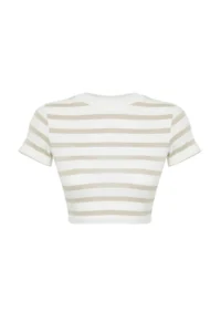 TRENDYOLMİLLA Stone Ecru Striped Viscous/Soft Material Crop Crew Neck Flexible Knitting Blouse - Image 7