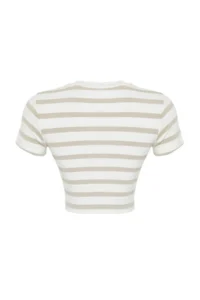 TRENDYOLMİLLA Stone Ecru Striped Viscous/Soft Material Crop Crew Neck Flexible Knitting Blouse - Image 8