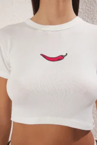 TRENDYOLMİLLA Ecru Pepper Embroidered Viscous/Soft Material Crop Crew Neck Flexible Knitting Blouse - Image 3