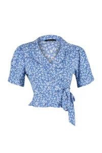 TRENDYOLMİLLA Mavi Binding Detailed Flower Patterned Crop Weaving Blouse - Image 7