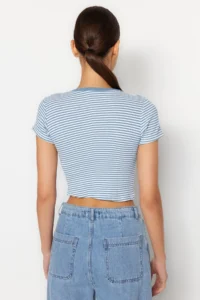 TRENDYOLMİLLA Mavi Striped-Navy Blue Plain 2 Sets Pack Fitted Crop Ribbed Knitting Blouse - Image 4