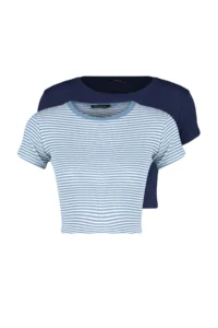 TRENDYOLMİLLA Mavi Striped-Navy Blue Plain 2 Sets Pack Fitted Crop Ribbed Knitting Blouse - Image 6