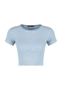 TRENDYOLMİLLA Mavi Striped-Navy Blue Plain 2 Sets Pack Fitted Crop Ribbed Knitting Blouse - Image 7