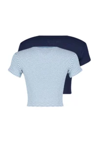 TRENDYOLMİLLA Mavi Striped-Navy Blue Plain 2 Sets Pack Fitted Crop Ribbed Knitting Blouse - Image 8