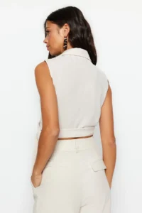 TRENDYOLMİLLA Beige tied up Crop Weaving linen look Blouse - Image 10