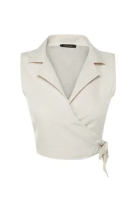 TRENDYOLMİLLA Beige tied up Crop Weaving linen look Blouse - Image 11