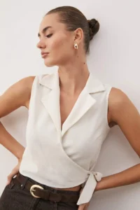 TRENDYOLMİLLA Beige tied up Crop Weaving linen look Blouse - Image 2