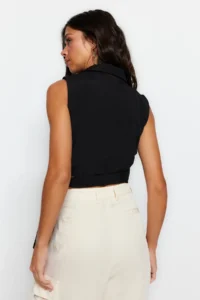 TRENDYOLMİLLA Black tied up Crop Weaving linen look Blouse - Image 11