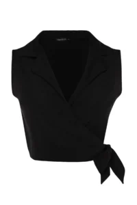 TRENDYOLMİLLA Black tied up Crop Weaving linen look Blouse - Image 12