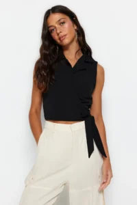 TRENDYOLMİLLA Black tied up Crop Weaving linen look Blouse - Image 6