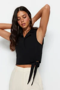TRENDYOLMİLLA Black tied up Crop Weaving linen look Blouse - Image 7