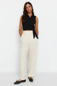 TRENDYOLMİLLA Black tied up Crop Weaving linen look Blouse - Image 8