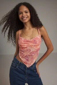 TRENDYOLMİLLA Pink Printed Cross Back Sleeveless Asymmetric Skirt Ended Tulle Knitting Blouse