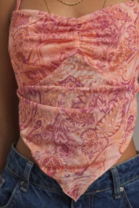 TRENDYOLMİLLA Pink Printed Cross Back Sleeveless Asymmetric Skirt Ended Tulle Knitting Blouse - Image 3