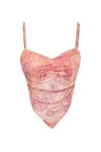 TRENDYOLMİLLA Pink Printed Cross Back Sleeveless Asymmetric Skirt Ended Tulle Knitting Blouse - Image 5