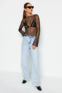 TRENDYOLMİLLA Black Regular Fit Boat Neck Lace Flexible Knitting Blouse - Image 4