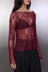 TRENDYOLMİLLA Koyu Burgundy Regular Fit Boat Neck Lace Flexible Knitting Blouse - Image 3