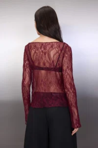 TRENDYOLMİLLA Koyu Burgundy Regular Fit Boat Neck Lace Flexible Knitting Blouse - Image 4