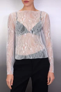 TRENDYOLMİLLA White Regular Fit Boat Neck Lace Flexible Knitting Blouse - Image 3