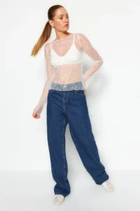 TRENDYOLMİLLA White Regular Fit Boat Neck Lace Flexible Knitting Blouse - Image 6