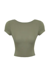 TRENDYOLMİLLA Khaki Low-cut back Crop Cotton Flexible Knitting Blouse - Image 5