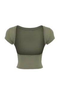 TRENDYOLMİLLA Khaki Low-cut back Crop Cotton Flexible Knitting Blouse - Image 6