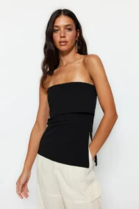 TRENDYOLMİLLA Black Strapless Yaka Yandan Zippered Crepe Knitting Blouse