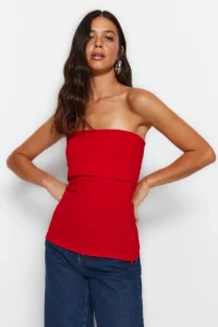 TRENDYOLMİLLA Rejection Strapless Yaka Yandan Zippered Crepe Knitting Blouse - Image 2