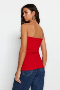 TRENDYOLMİLLA Rejection Strapless Yaka Yandan Zippered Crepe Knitting Blouse - Image 4