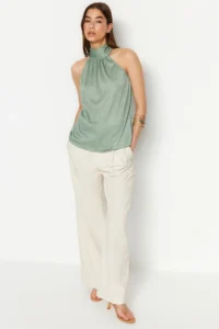 TRENDYOLMİLLA Mint Regular/Normal Pattern Dog collar Fit Pilise Flexible Knitting Blouse - Image 2