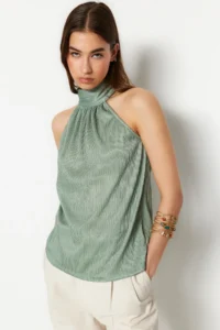 TRENDYOLMİLLA Mint Regular/Normal Pattern Dog collar Fit Pilise Flexible Knitting Blouse - Image 3