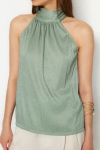 TRENDYOLMİLLA Mint Regular/Normal Pattern Dog collar Fit Pilise Flexible Knitting Blouse - Image 4