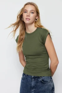 TRENDYOLMİLLA Khaki Viscous/Soft Material Fitted Moon Arm Flexible Knitting Blouse - Image 2