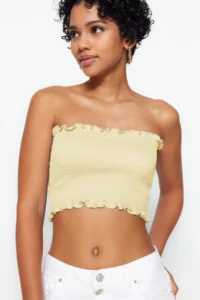 TRENDYOLMİLLA Light Yellow Strapless Gipelli Fitted Flexible Knitting Blouse - Image 2