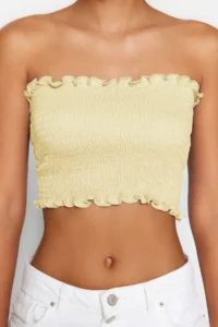 TRENDYOLMİLLA Light Yellow Strapless Gipelli Fitted Flexible Knitting Blouse - Image 6