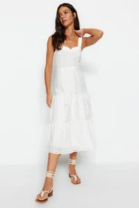 TRENDYOLMİLLA White Waist Midi Lined embroidery Weaving Dress - Image 2