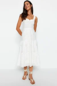 TRENDYOLMİLLA White Waist Midi Lined embroidery Weaving Dress - Image 3