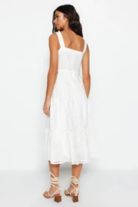 TRENDYOLMİLLA White Waist Midi Lined embroidery Weaving Dress - Image 5