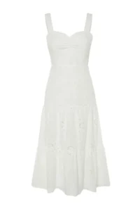 TRENDYOLMİLLA White Waist Midi Lined embroidery Weaving Dress - Image 6
