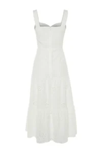 TRENDYOLMİLLA White Waist Midi Lined embroidery Weaving Dress - Image 8