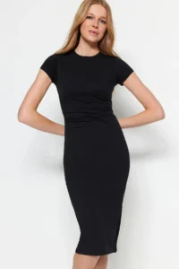 TRENDYOLMİLLA Black Short Sleeve Fitted Cotton Flexible Midi Knitting Pen Dress