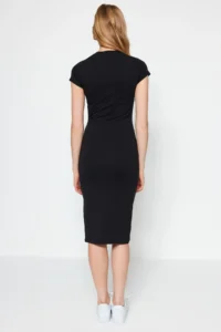 TRENDYOLMİLLA Black Short Sleeve Fitted Cotton Flexible Midi Knitting Pen Dress - Image 6