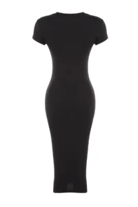 TRENDYOLMİLLA Black Short Sleeve Fitted Cotton Flexible Midi Knitting Pen Dress - Image 8