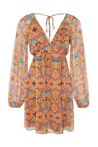 TRENDYOLMİLLA Orange Ethnic Patterned Siphon Lined Mini Weaving Dress - Image 10